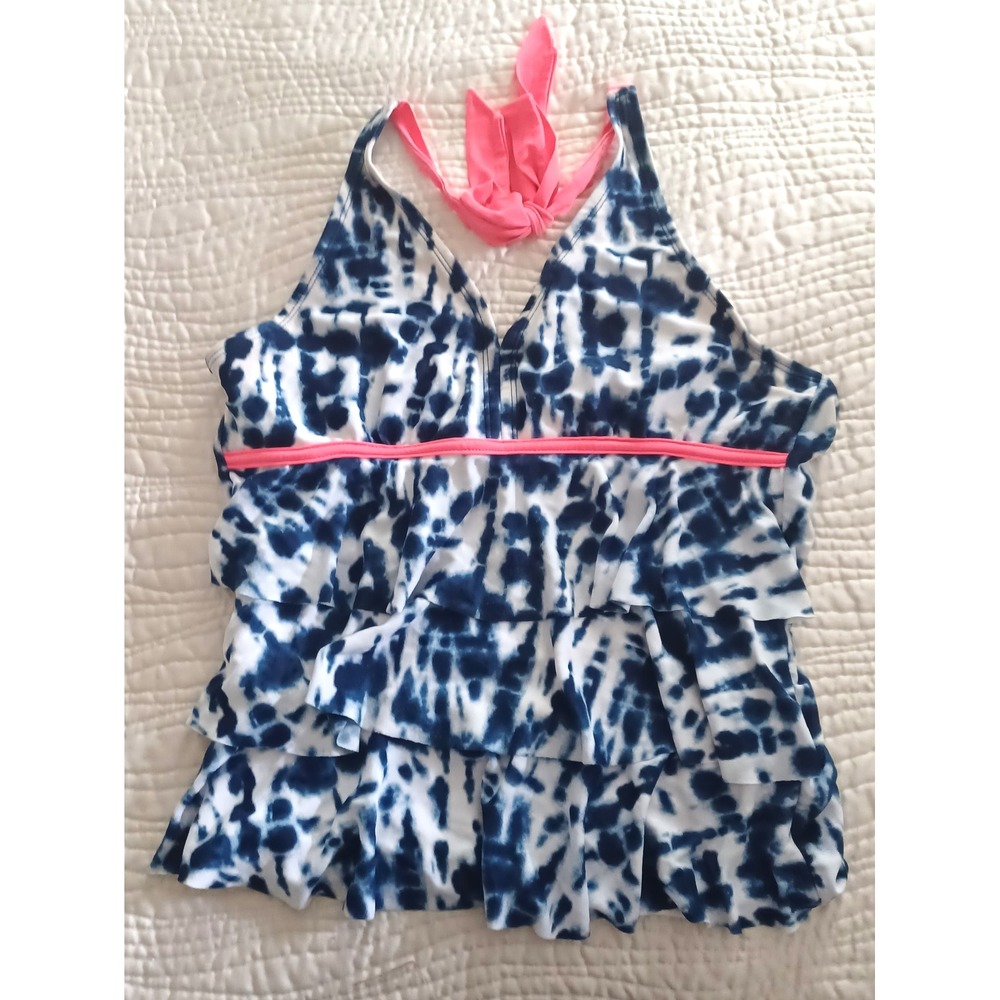 Justice Girls Tween Blue Tie Dye‎ Ruffle Tankini Swim Top Pink Halter Size 18